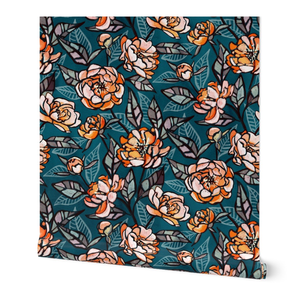 Over-sized Chalk Pastel Peonies in Tangerine and Peach on Dark Teal