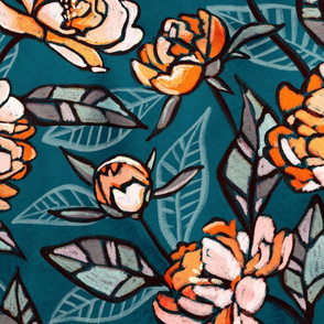 Over-sized Chalk Pastel Peonies in Tangerine and Peach on Dark Teal