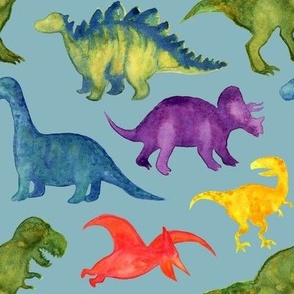 Medium Watercolor Dinosaur Pattern- Blue
