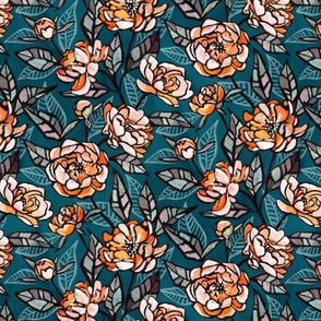 Chalk Pastel Peonies in Tangerine and Peach on Dark Teal - small