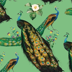 Peacocks & Flowers - Large - Green