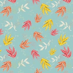 Small Scattered Leaves stylised  flowers with shiny effect, red, yellow, orange and white on pale turquoise sage