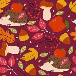 Large Hedgehogs Autumn Leaves Acorns and Mushrooms Fall Forest
