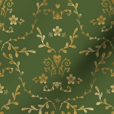 Faux Gold Damask on Moss Green