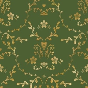 Faux Gold Damask on Moss Green
