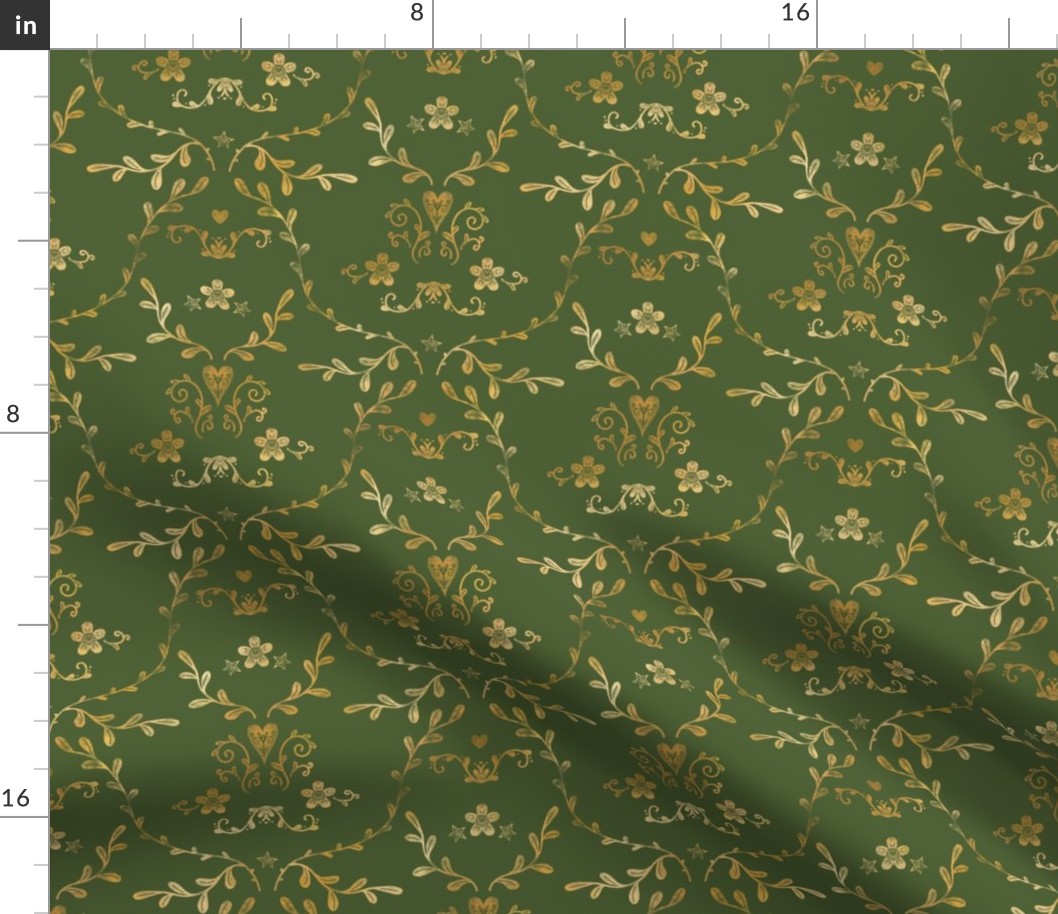 Faux Gold Damask on Moss Green