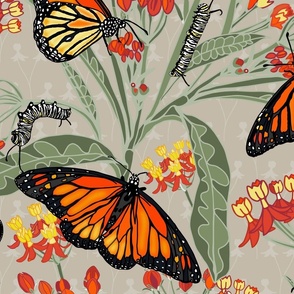 A Butterfly's Poison - Milkweed, Monarch butterflies and caterpillars on Pale Mushroom Brown 