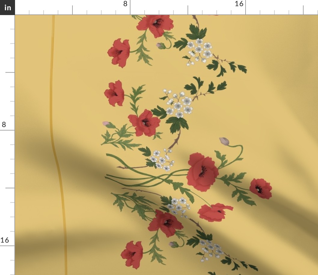 Poppies and Hawthorn Border Print on Gold