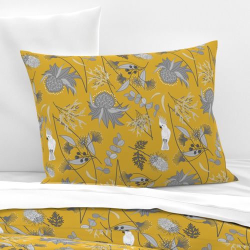 Australian Dream Garden - greyscale on golden ochre, large 