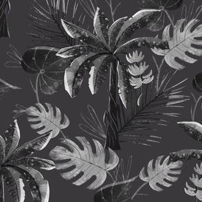 Grey Black and White  Banana Tree Tropical Leaves 