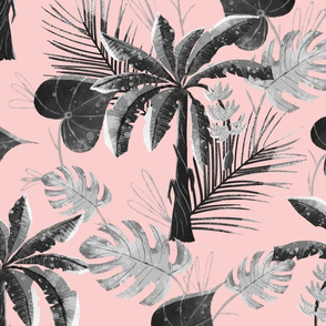 Pink Black and White Banana Tree Tropical Leaves 
