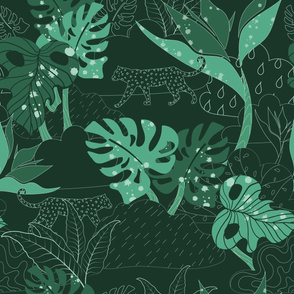 Dark Green Jungle Leopard Tropical Leaves