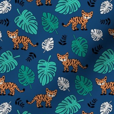 Little tiger love jungle and leaves tropical wild animals adventure kids theme neutral nursery navy blue green orange night