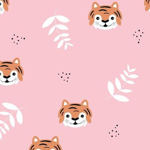 Adorable little tiger friends wild animal cartoon design boho leaves for kids fashion and baby nursery orange pink 