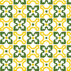 small medieval-style geometric, green and yellow on white