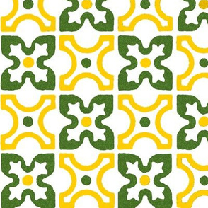 medieval-style geometric, green and yellow on white