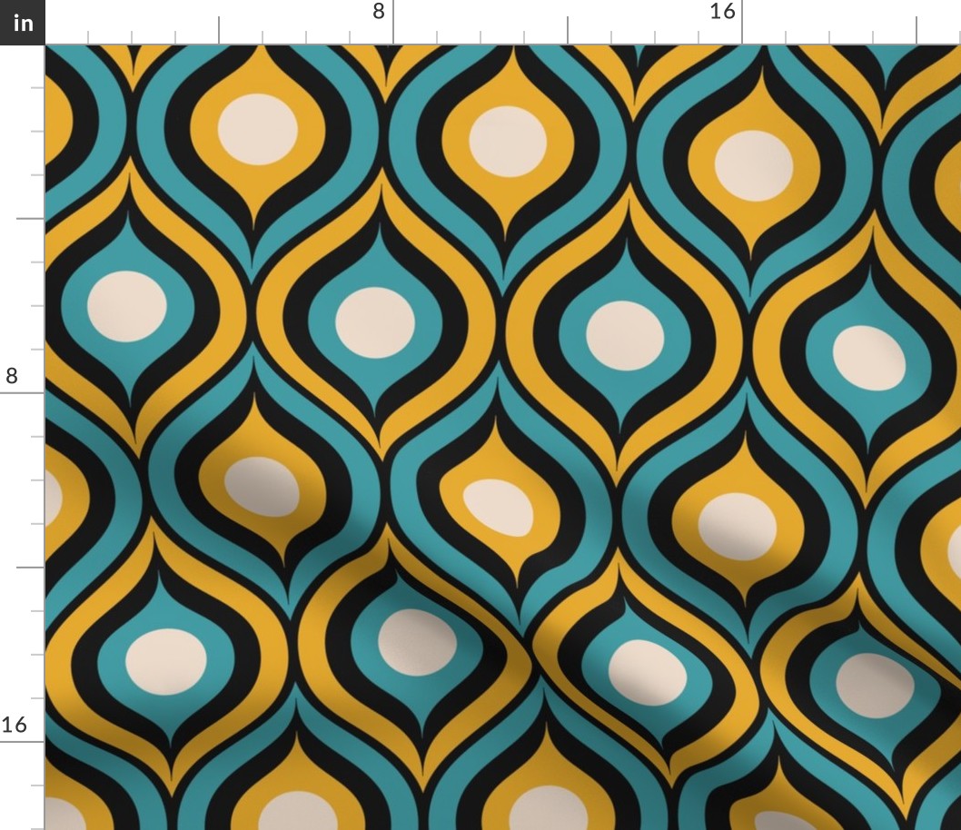 Mid-century modern retro ogee peacock teal yellow black contour