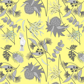 Australian Dream Garden - greyscale on lemon yellow, large 