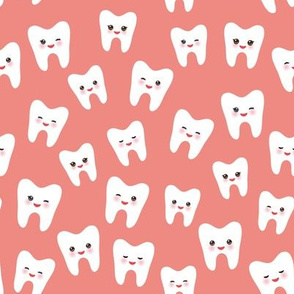 seamless pattern with cartoon white teeth with funny faces, pink background