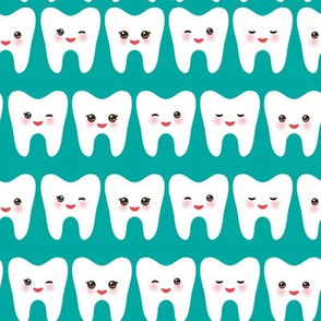  cartoon white teeth with funny faces, blue background.