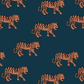 Minimalist tropical tiger jungle animal winter nursery design winter night navy blue orange