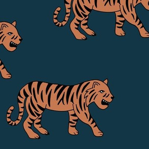 Minimalist tropical tiger jungle animal winter nursery design winter night navy blue orange JUMBO wallpaper