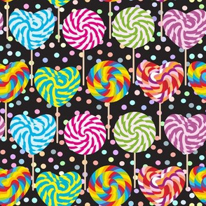 candy lollipops, spiral candy cane. polka dot, black 