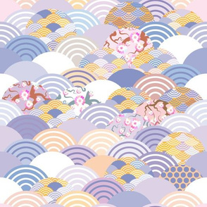 scales simple Nature background with japanese sakura flower, rosy pink Cherry, wave circle violet purple orange 