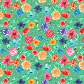  Watercolor pink red blue flowers roses peonies peony pattern on green