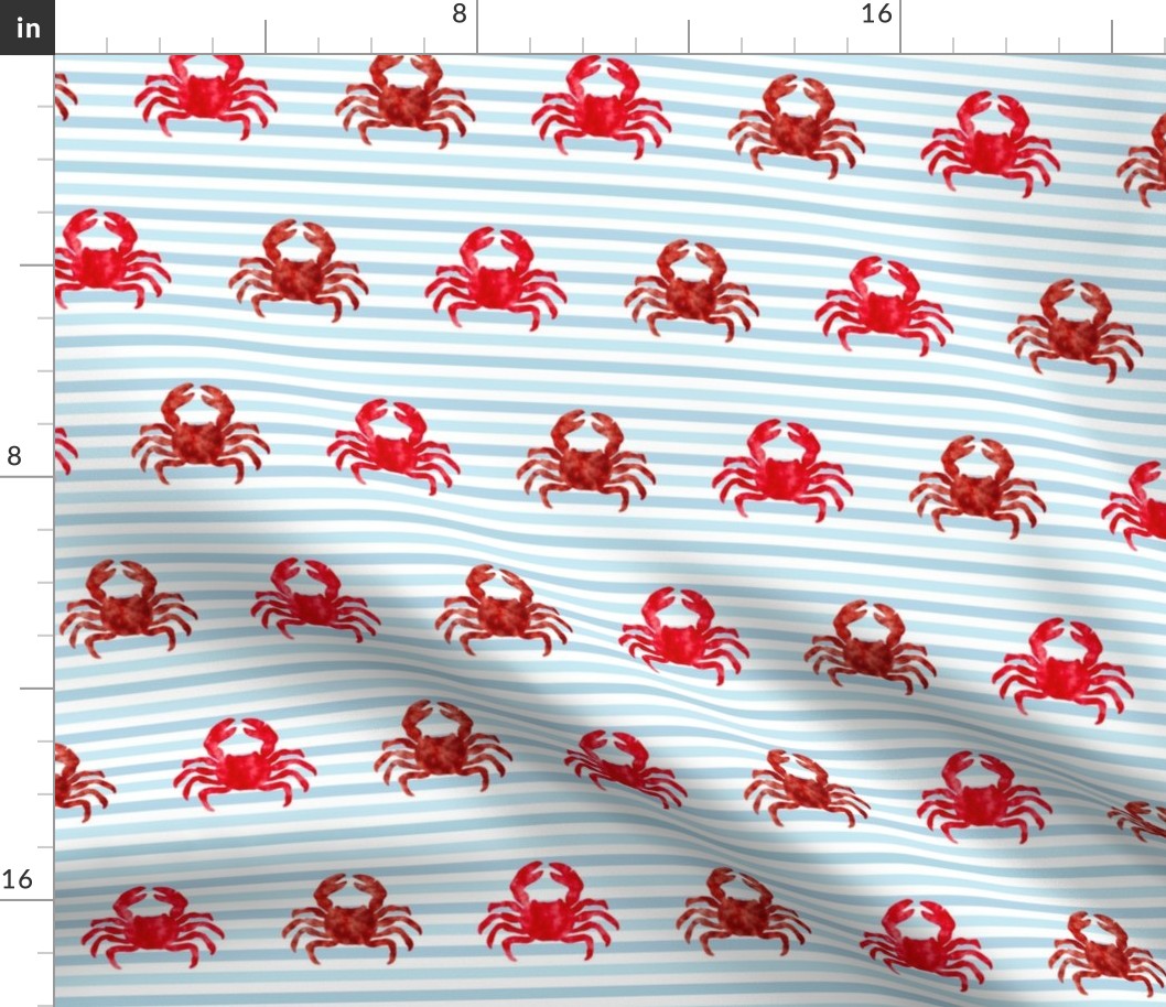 Bigger Scale Red Watercolor Crabs on Blue Stripes