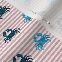 Smaller Scale Blue Watercolor Crabs on Red Stripes