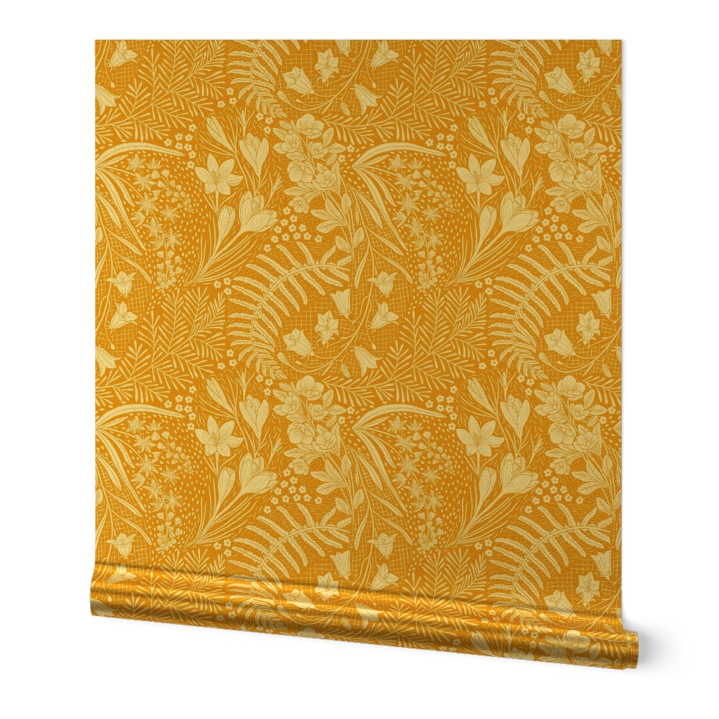 Forest Flowers reimagined paisley pattern mustard yellow large scale