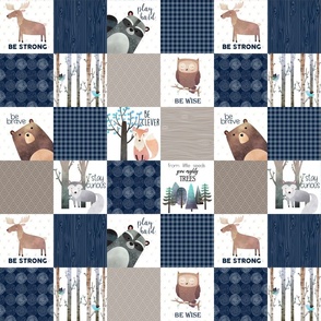 3" BLOCKS- Woodland Critters Patchwork Quilt - Bear Moose Fox Raccoon Wolf, Navy + Tan Design GingerLous