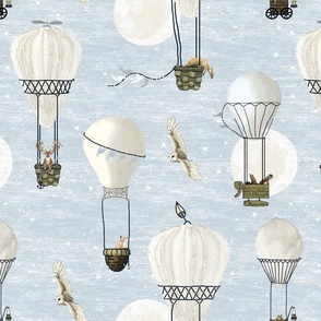  White hot air balloon drawing, stars and moon with woodland animals medium scale on pastel blue, baby blue sky,