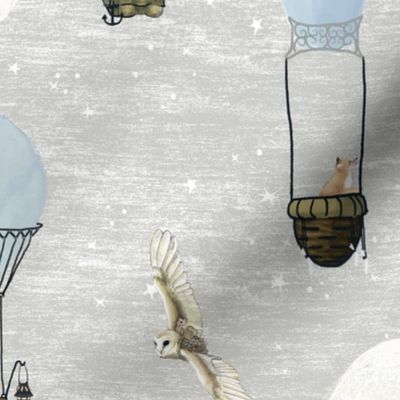 Baby blue hot air balloons, stars and moon on light gray medium scale with woodland animals on baby blue sky, light blue, wildlings, owl, deer,  nursery, baby boy, home decor