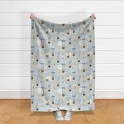 Baby blue hot air balloons, stars and moon on light gray medium scale with woodland animals on baby blue sky, light blue, wildlings, owl, deer,  nursery, baby boy, home decor