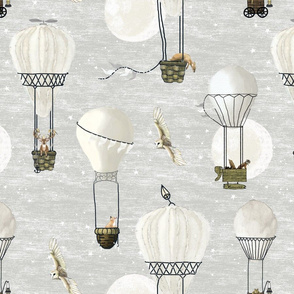 White neutral hot air balloons, stars and moon medium scale with woodland animals on light grey sky, neutral baby home decor,  nursery wallpaper, wildlings, owl, unisex nursery, gender neutral baby, home decor, woodland animals, deer, 