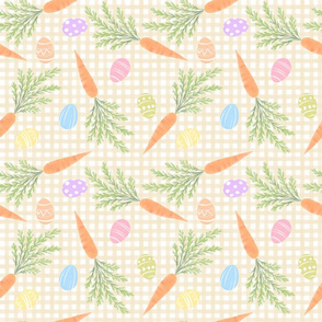 Easter eggs and carrots on gingham - cream
