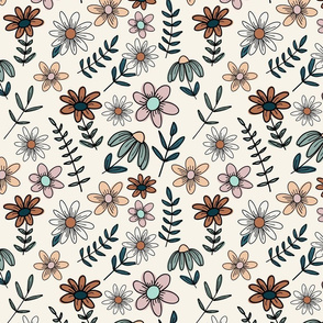 Woodland wildflowers and daisies in pink, sage and cream.
