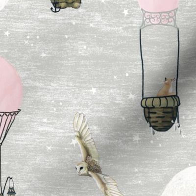 Pastel pink hot air balloons, stars and moon medium scale with woodland animals on baby  light gray, wildlings, owl, deer, fox, nursery, baby girl, home decor