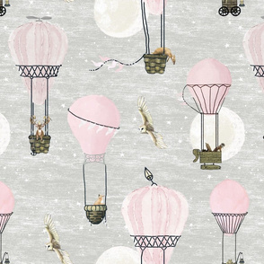 Pastel pink hot air balloons, stars and moon medium scale with woodland animals on baby  light gray, wildlings, owl, deer, fox, nursery, baby girl, home decor