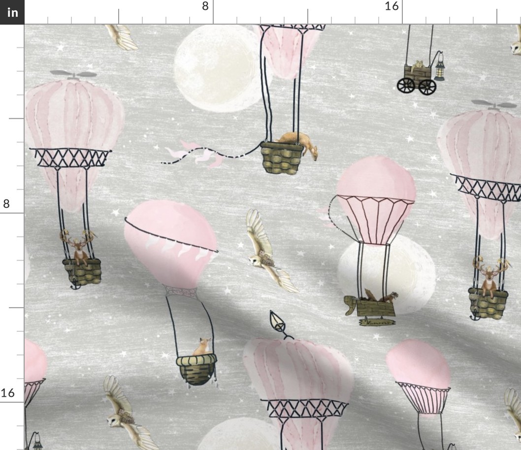 Pastel pink hot air balloons, stars and moon medium scale with woodland animals on baby  light gray, wildlings, owl, deer, fox, nursery, baby girl, home decor