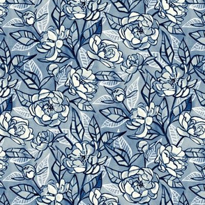Chalk Pastel Peonies in Monochrome Blue - small