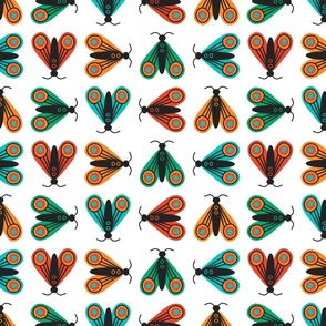 Insects folk art moths repeat teal orange white