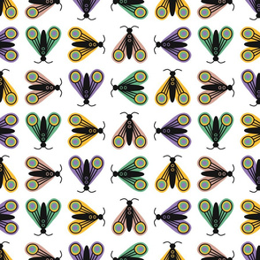 Insects folk art moths repeat purple green white