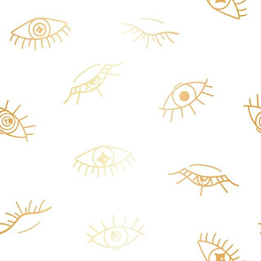  Gold Foil Effect Magical Eyes Lineart on White seamless pattern background.