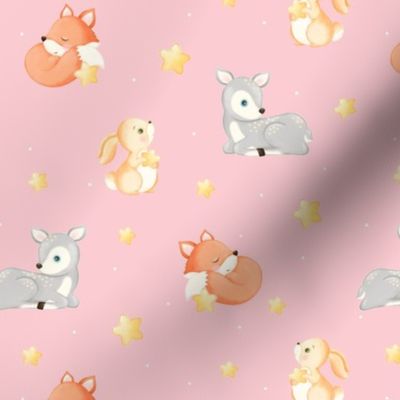    baby animals, deer hare rabbit fox, pink