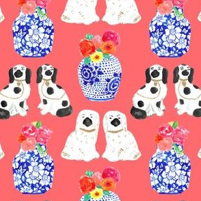 Chinoiserie Dogs + Floral Ginger Jars in Coral