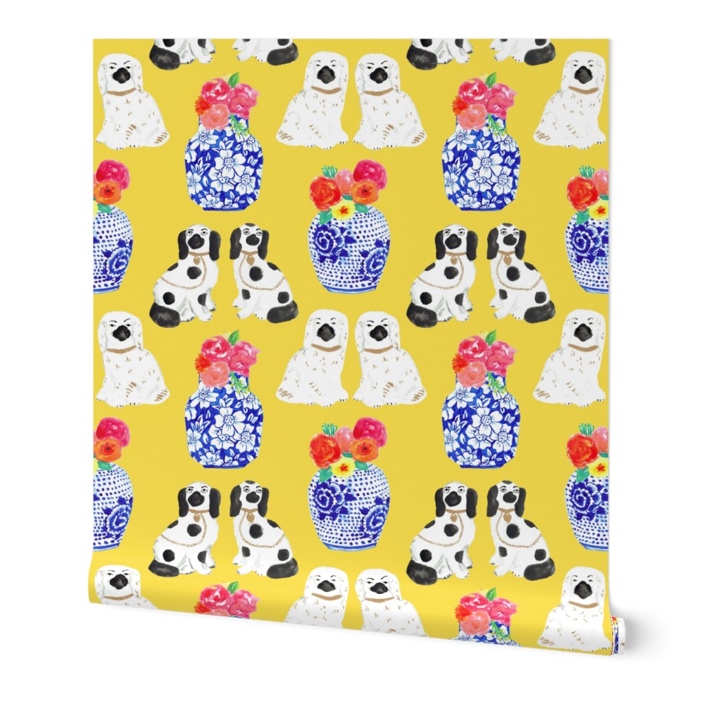 Chinoiserie Dogs + Floral Ginger Jars in Lemon Yellow