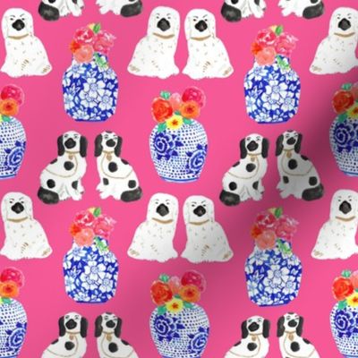 Chinoiserie Dogs + Floral Ginger Jars in Bubblegum Pink